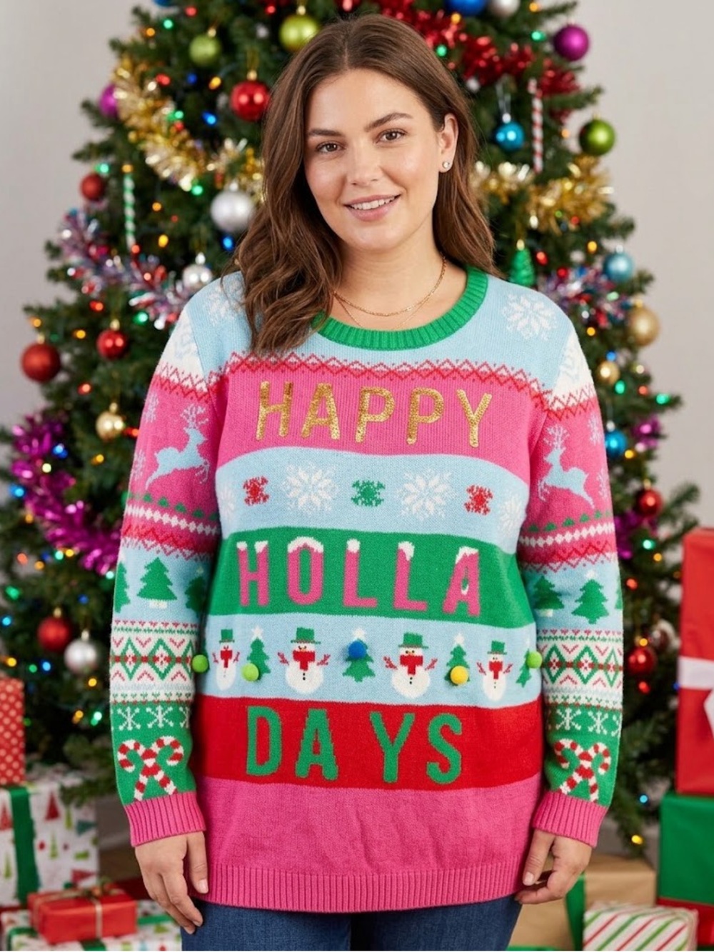 Women's 'Happy Holla Days' Crewneck Holiday Sweater - Pink & Green
